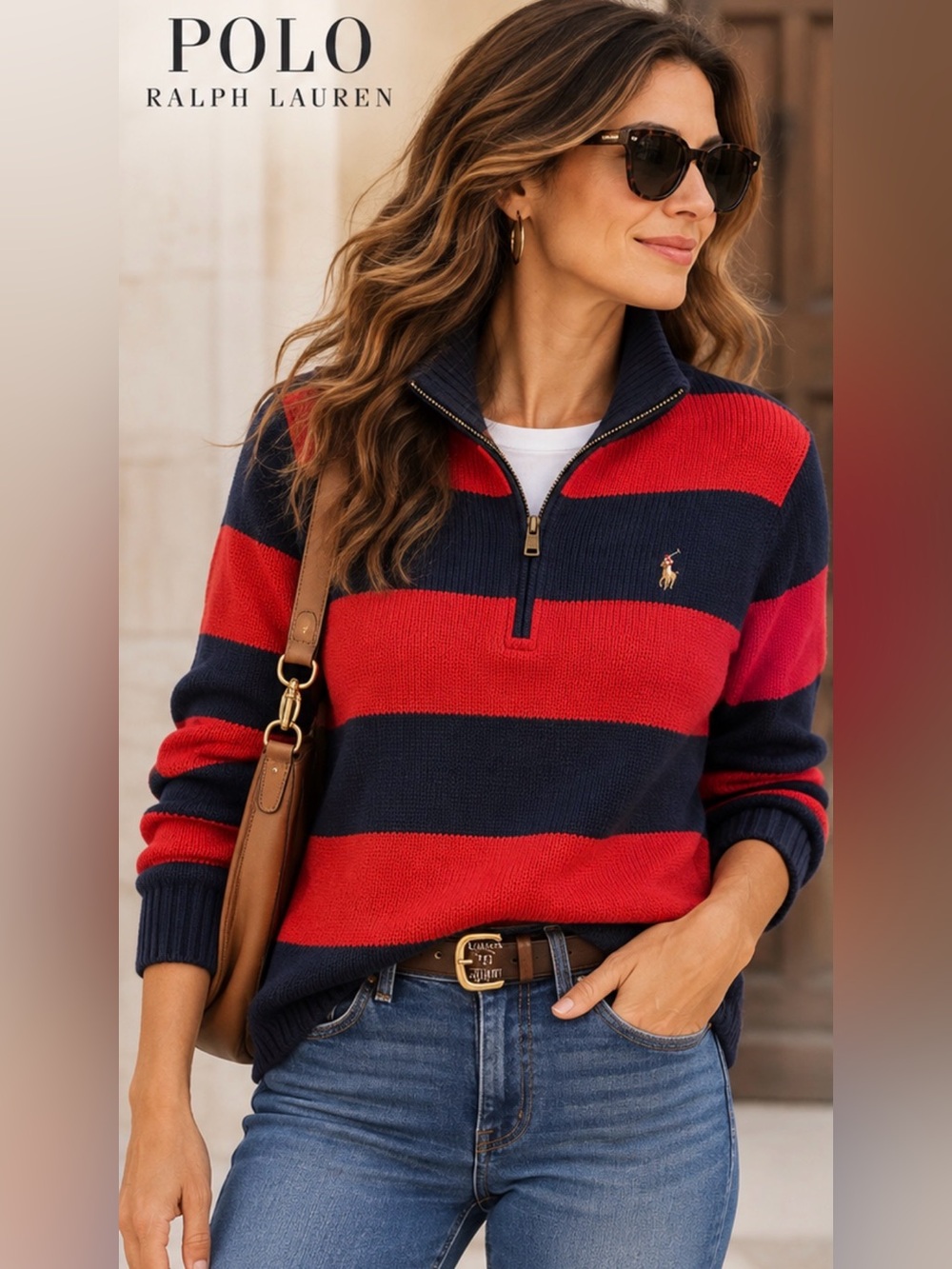Polo Ralph Lauren L 16/18 Red Navy Stripe Cotton Quarter Zip Sweater Preppy